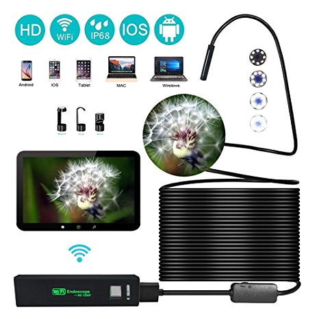 Wireless Endoscope IP68 Waterproof Inspection wifi micro-camera 2.0 Megapixels HD1200P Snake cable borescope camera with 8leds for Android IOS Smartphone iPhone Samsung Tablet - 10M/33ft