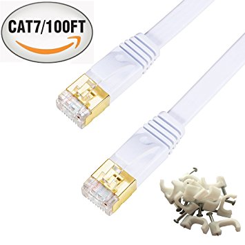 Cat7 Ethernet Cable 100 Feet with Cable Clips,Snagless 50 Micron Gold Plated RJ45 Flat CAT7 Shielded Patch Cable - White - 100 FT