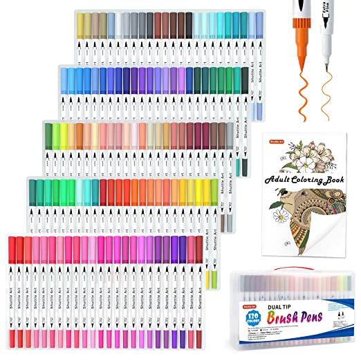 120 Colors Dual Tip Brush Art Marker Pens with 1 Coloring Book,Shuttle Art Fine and Brush Dual Tip Markers Set for Journal, Adult Coloring, Lettering, Calligraphy, Writing, Doodling