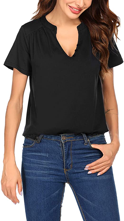 Beyove Women's Short Sleeve V-Neck T-Shirt Tops Loose Casual Tees with Side Split