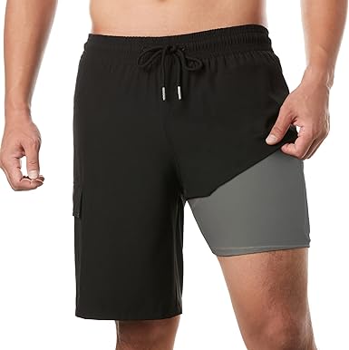 BRISIRA Mens Swim Trunks Swim Shorts with Compression Liner 9 inch Inseam Quick Dry Cargo Pocket Swim Trunks