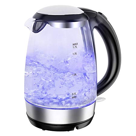 Electric Kettle 1.7L, NOVETE 1500W Glass Electric Tea Kettle, BPA-Free & 304 Stainless Steel Hot Water Kettle Heater With LED Indicator Light, Auto Shut-Off & Boil-Dry Protection, Fast Boiling Kettle (Black)