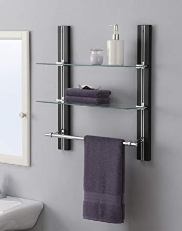 Organize It All Wall Mount 2 Tier Bathroom Glass Shelf with Towel Bar