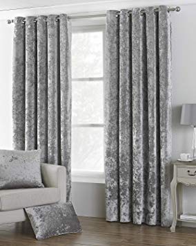 Rayyan Linen's Silver Grey Crushed Velvet Ring Top Eyelet Pair of Curtains Fully Lined Curtains [Width 90" X Drop 90"] | Ready Made Thermal Fancy Curtains 2 Panels Right and Left