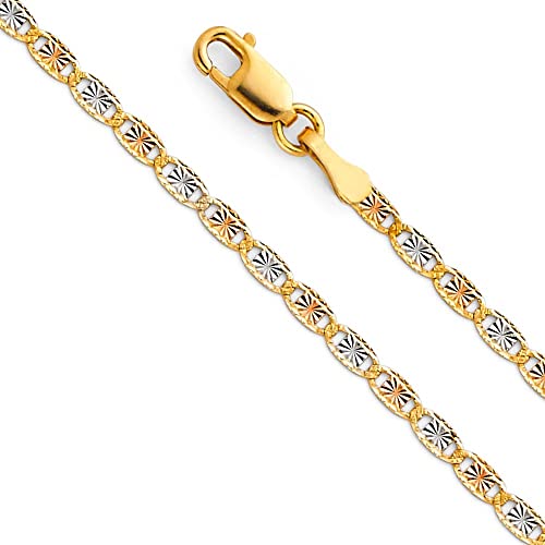 14k REAL Tri Color Gold Solid 2mm Star/Edge Diamond Cut Chain Necklace with Lobster Claw Clasp