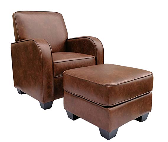 Ravenna Home Club Faux Leather Accent Chair and Ottoman, 29"W, Brown