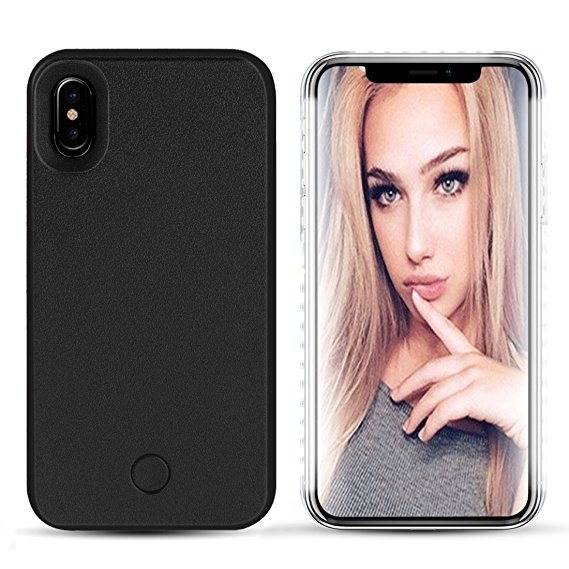 iPhone X Led Case - LONHEO iPhone X Illuminated Cell Phone Case Great for a bright Selfie and Facetime Light Up Case Cover for iPhone 10 with a Free Phone Holder -Black