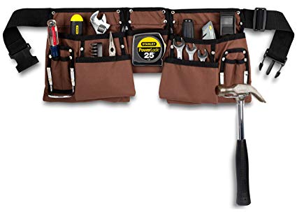 11 Pocket Brown and Black Heavy Duty Construction Tool Belt, Work Apron, Tool Pouch, with Adjustable Poly Web Belt Quick Release Buckle