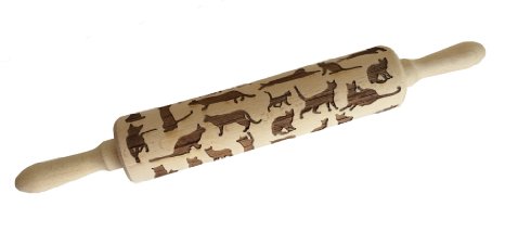 Cat Rolling Pin - Engraved Wood Rolling Pin with Unique Cat Design - Use for Cookies Pies and Pastries