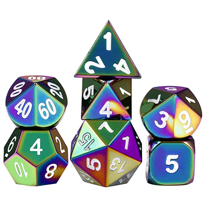DNDND Solid D&D Rainbow Dice Set, 7-Die Metal Polyhedral Dice Set for Dungeons & Dragons Role Playing Game Pathfinder RPG and Math Teaching with Metal Case and Free Dice Pouch