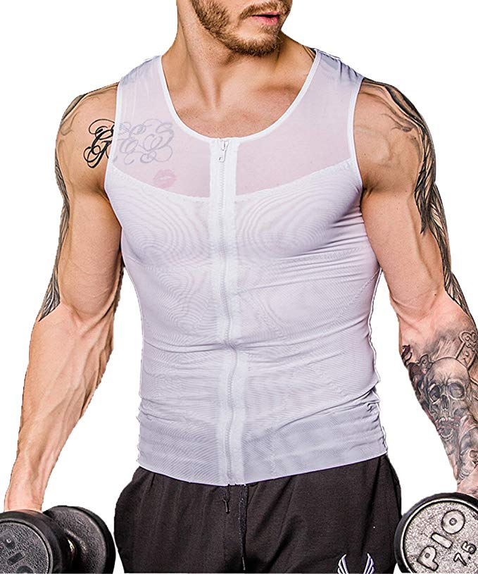 Shaxea Zipper Men's Strong Compression Shirt to Hide Gynecomastia Body Shaper Chest Slimming Body Shaper fit Undershirt