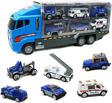 Smart Novelty Die Cast Emergency Trucks Vehicles Toy Cars Play Set in Carrier Truck - 7 in 1 Transport Truck Emergency Car Set for Kids Gifts (Police Vehicle Set)