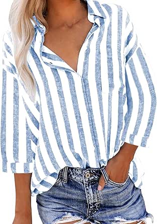 Women's Striped Button Down Shirts Casual 3/4 Sleeve Tops Cotton Linen Collared Office Work Blouses with Pocket