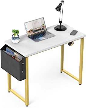 Small Computer Desk White Home Office Small Spaces 31 Inch Modern Writing Table for Student Teens Study Bedroom Work PC Des, with Gold Legs