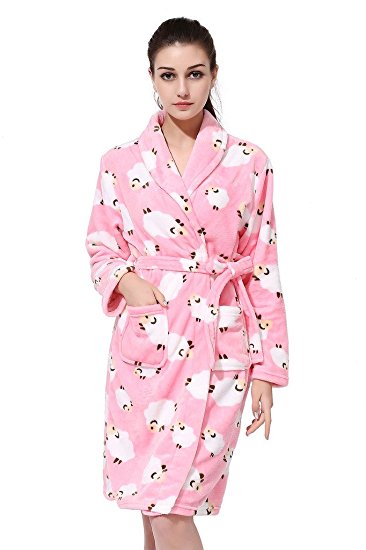 Women's Plush Soft Warm Fleece Bathrobe Household Hotel Kimono Robes With Pocket