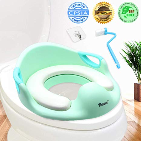 Potty Training Seat, PETUOL Toddlers Boys Girls Toilet Trainer Seat with Detachable Soft Cushion Sturdy Handle and Backrest Baby Toilet Training Seat with Non-Slip Rubber Grip Green Color