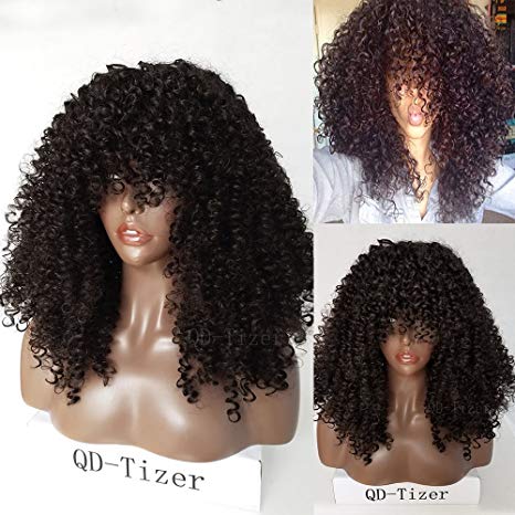 QD-Tizer Natural Color 180 Density Synthetic No Lace Wigs Afro Kinky Curly Hair with Silk Top for Beauty Women 22"