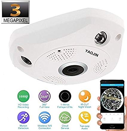 YAOJIN JAS300-F01 3.0 MP 1536p Fisheye 360° Panoramic Wireless Wifi [Watch Live Demo Right Now] Full HD IP CCTV Security Camera with SD card slot