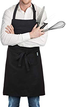 esonmus Adjustable Chef Apron Multi-Purpose Kitchen BBQ Restaurant Apron Cooking Grilling Waiter Apron with Adjustable Neck Belt Ultra Long Waist Ties Two Front Pockets for Anyone-Black