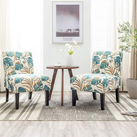 Altrobene Armless Jacquard Fabric Accent Chairs Set of 2 Living Room Office Reception Side Chairs with 4PCS Removable Washable Slipcovers (Beige&Floral&Blue)