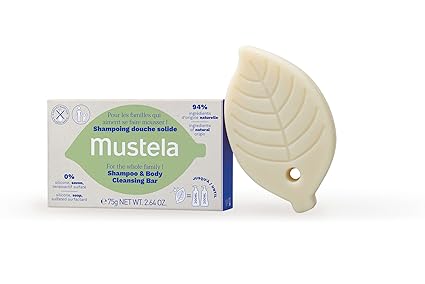 Mustela Solid Shampoo & Body Cleansing Bar for Baby, Kid & Adult - with Avocado Oil & Olive Oil - Fragrance-Free, Plastic-Free, Vegan & Biodegradable Formula - 2.64 oz.