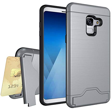 Samsung Galaxy A8 2018 Case, OEAGO [Card Slot] [Brushed Texture] Heavy Duty Hybrid Dual Layer Wallet Case Cover Shell with Kickstand for Samsung Galaxy A8 2018 - Grey