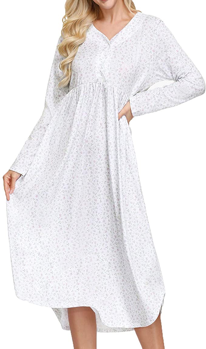 Womens Cotton Nightgown Button Front Floral Shirt for Sleep Nightdress with Bow