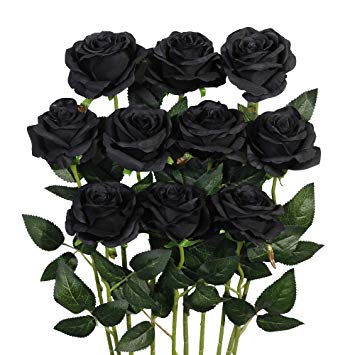 Luyue Artificial Silk Rose Flower Bouquet Wedding Party Home Decor, Pack of 10-Black