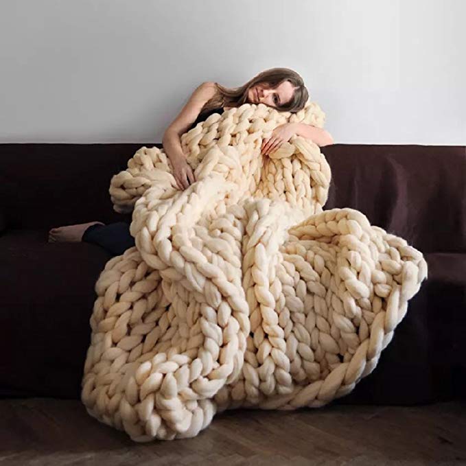 VIYEAR Chunky Knit Blanket Soft Handmade Knitting Throw for Bedroom Sofa Decor Super Large, Creamy Yellow, 40" x 59"