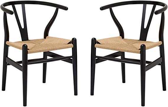 Poly and Bark Weave Modern Wooden Mid-Century Dining Chair, Hemp Seat, Black (Set of 2)