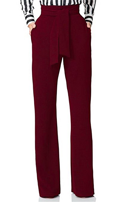 VLUNT Womens Casual Stretchy Bandage High Waist Wide Leg Long Pants With Zipper