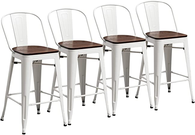 Yongchuang 26" Metal Bar Stools Set of 4 High Back Counter Height Chairs Kitchen Dining Stools Bar Chairs with Wood Top White