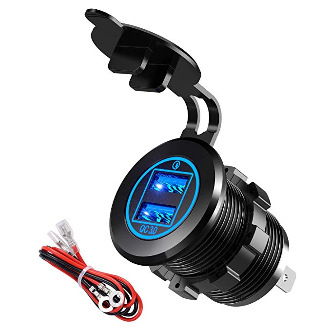 YonHan 36W Quick Charge 3.0 Dual USB Car Charger Socket Power Outlet QC3.0 & QC3.0 with Wire Fuse DIY Kit for 12V/24V Marine Boat Golf Cart Truck Motorcycle More, Blue LED Display