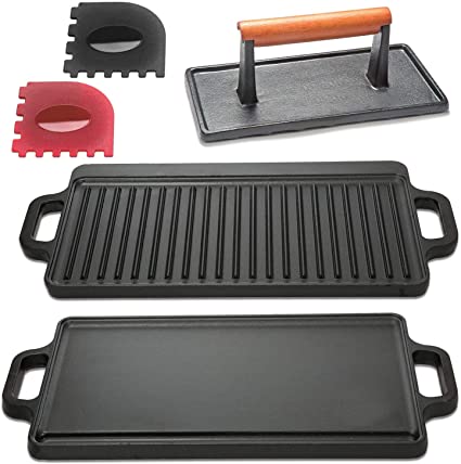 Cast Iron Flat Top Griddle Set and Griddle Accessories | Includes Reversible Cast Iron Griddle, Stove Top Griddle Press and Grill Pan Scrapers, Grill Plate measure 17 x 9 inch, Black