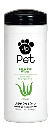 John Paul Pet Ear and Eye Pet Wipes for Dogs and Cats, Infused with Aloe, 7" x 7" Sheets in 45-Count Dispenser, Unscented
