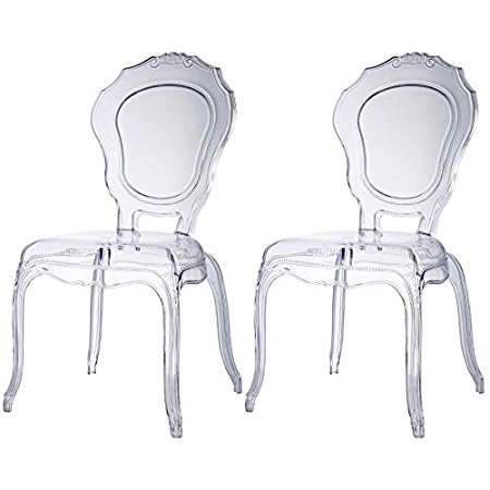 2xhome - Set of Two (2) - Belle Style Ghost Side Chairs - High Quality Dining Room Chair - Clear Accent Seat - Lounge No Arm Arms Armless Less Chairs Seats Higher Fine Modern Designer Artistic