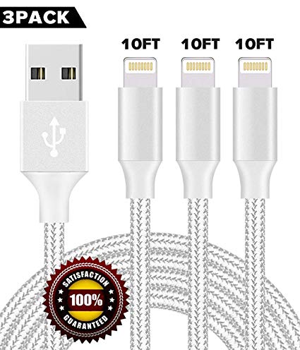 BULESK Phone Cable 3Pack 10Ft Nylon Braided Phone Charger Cord Compatible with Phone Xs/XS Max/XR/X/Phone 8 8 Plus 7 7 Plus 6s 6s Plus 6 6 Plus Pad Pod Nano - Silver