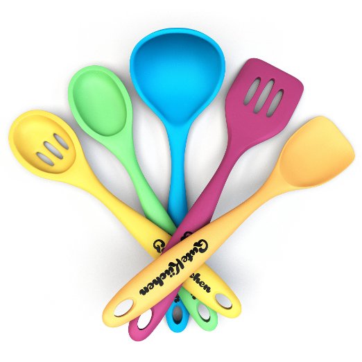 GuteKüchen Premium 5 Piece Seamless Silicone 11" Kitchen Utensil Set, Nonstick and Heat Resistant | Includes Colorful Turner, Ladle, Server, Scraper and Slotted Spoon