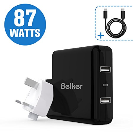 87W/61W USB C Power Adapter, Belkertech USB C Charger 3 in 1 with Two USB Ports and One USB C Port for MacBook Pro 15’’/13’’, Samsung Galaxy S9, Huawei Mate10/10 Pro, Charge Cable included/Black