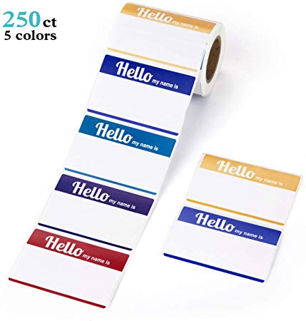 Mionno 5 Colors (Hello, My Name is) Adhesive Name Tags - 250pc 3.5" x2.25" Plain Name Tag Stickers/Category Tags for Office, Meeting, Kindergarten, School, Teachers, Parties