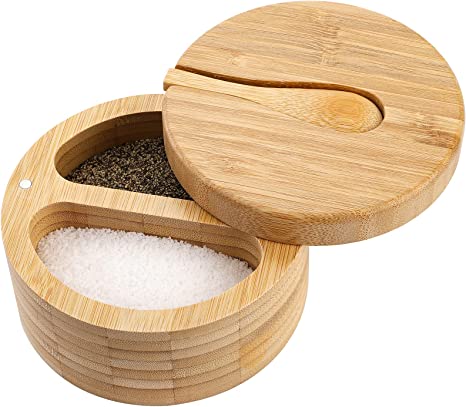 Lawei Bamboo Seasonings Box with Spoons, 2-Compartment Bamboo Salt and Pepper Box with Swivel Magnetic Lid Kitchen Spice Cellars Container for Salt Pepper Sugar Spice