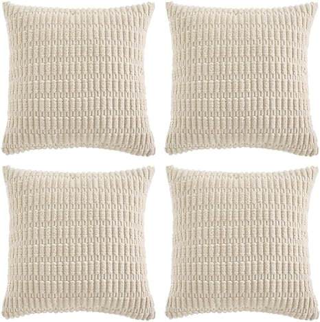 Fancy Homi 4 Packs Boho Cream Decorative Throw Pillow Covers 18x18 Inch for Living Room Couch Bed Sofa, Rustic Modern Farmhouse Home Decor, Soft Plush Corduroy Cute Square Beige Cushion Case 45x45 cm