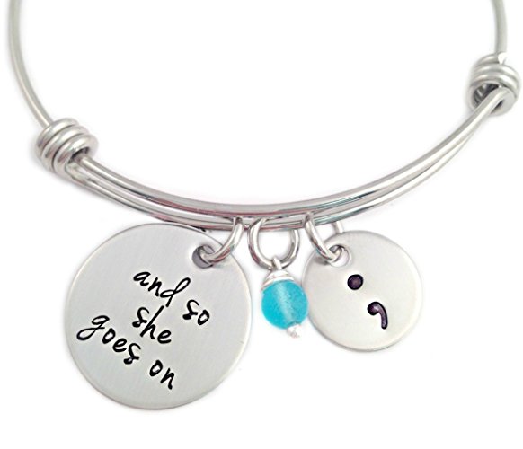 And So She Goes On - Semicolon Bangle Bracelet - Hand Stamped Jewelry