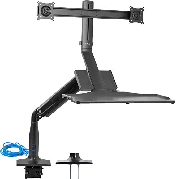 VIVO Black Premium Dual Monitor Height Adjustable Workstation, Standing Desk Mount Riser with Foldable Keyboard Tray and USB Ports | Holds 2 Screens up to 32 inches (STAND-SIT2DD)