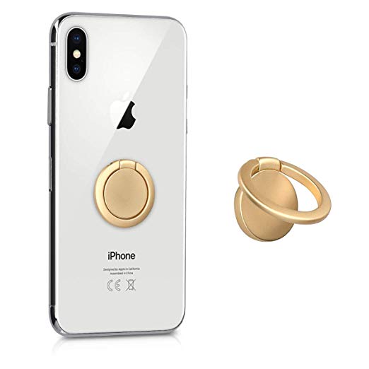 kwmobile Ring Stand Finger Holder - Round Cell Phone Grip with 360 Degree Rotating Metal Kickstand Mobile Universal Self-Adhesive Mount - Gold