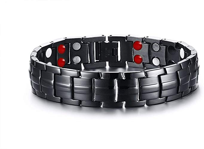 JAJAFOOK Men's Pure Titanium Double Row 4 Elements Black Magnetic Health Bracelet Power Wristband