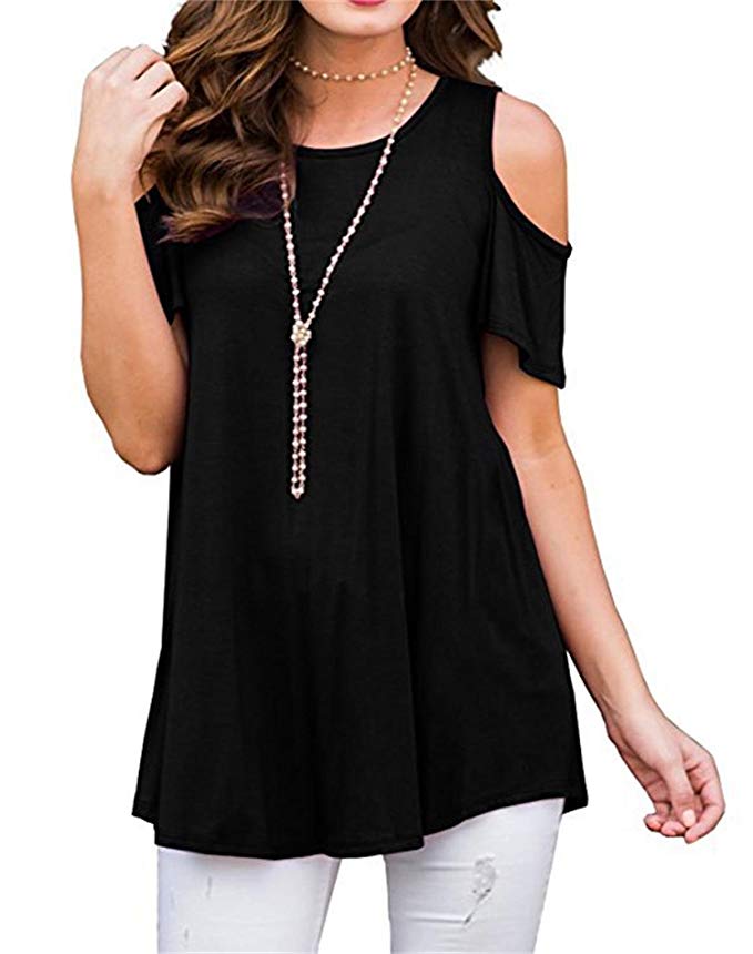 PCEAIIH Women's Short Sleeve Casual Cold Shoulder Tunic Tops Loose Blouse Shirts