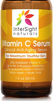 InterSight Vitamin C Serum 20% - TOP RATED - for Face & Skin - BEST Organic & Vegan Anti Aging Beauty Product, 11% Hyaluronic Acid, Vit E, Aloe, Ferulic Acid, Moisturizer for Glowing Skin Benefits - 30 ml