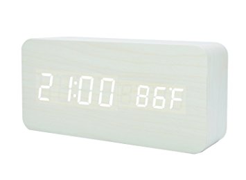 GO HAND Clock Digital LED Wooden Alarm Clock Desktop Electronic Snooze Travel Home Modern Fashion Calendar Displays Date Time Temperature with Voice Control Features (White Wood White Light)