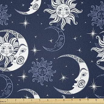 Ambesonne Half Moon Fabric by The Yard, Repeating Mystical Sky Elements Sun and Stars Illustration, Stretch Knit Fabric for Clothing Sewing and Arts Crafts, 1 Yard, Blue Ceil